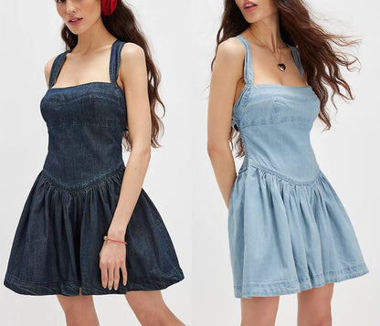 Washed Slim-Fit Denim Square-Neck Sleeveless Dress Mini