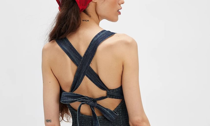 Washed Slim-Fit Denim Square-Neck Sleeveless Dress Mini