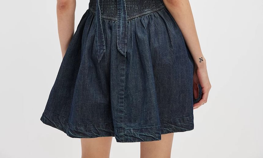 Washed Slim-Fit Denim Square-Neck Sleeveless Dress Mini
