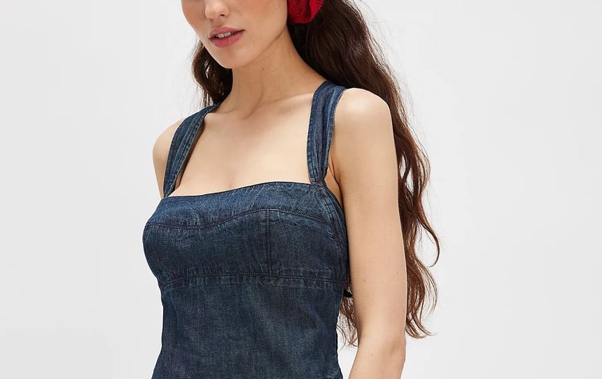 Washed Slim-Fit Denim Square-Neck Sleeveless Dress Mini