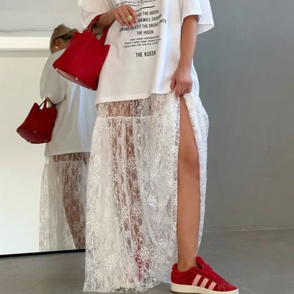 See-Through Lace Maxi Skirt with High Waist