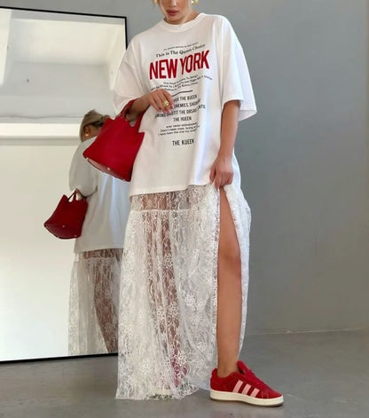 See-Through Lace Maxi Skirt with High Waist
