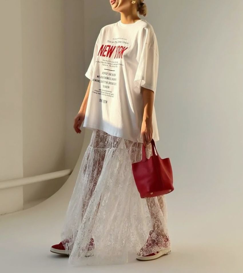 See-Through Lace Maxi Skirt with High Waist