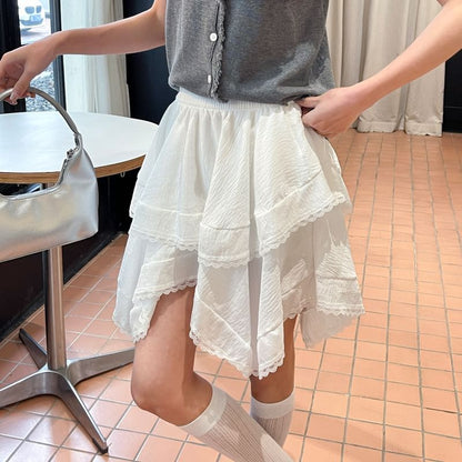 Asymmetric Hem Mini Skirt with Lace Trim and High Waist