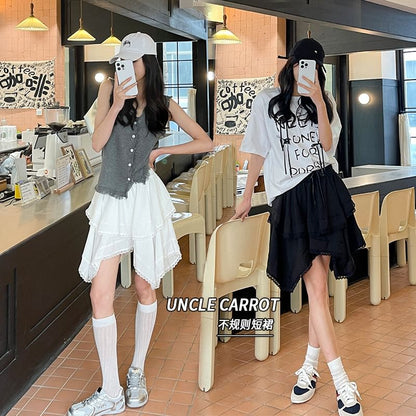 Asymmetric Hem Mini Skirt with Lace Trim and High Waist