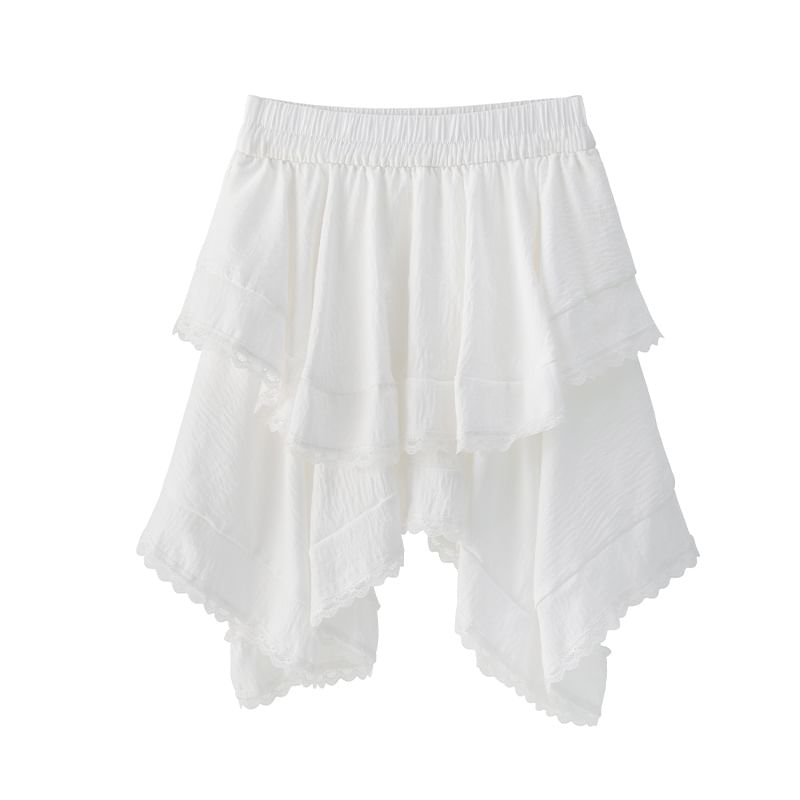 Asymmetric Hem Mini Skirt with Lace Trim and High Waist