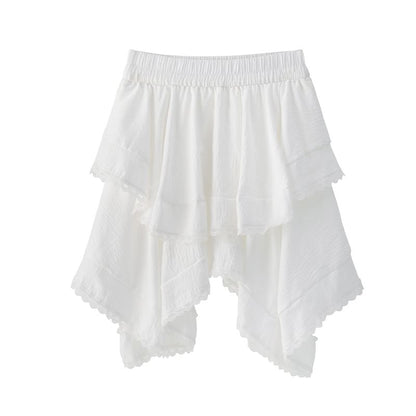 Asymmetric Hem Mini Skirt with Lace Trim and High Waist