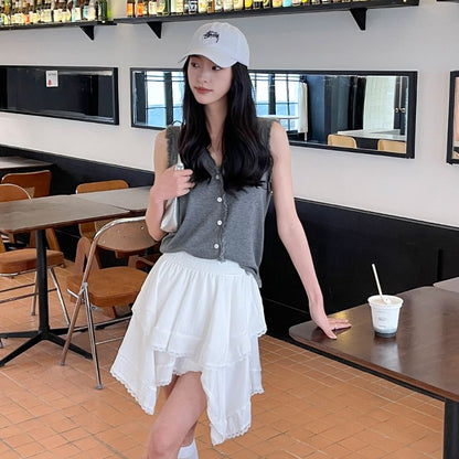 Asymmetric Hem Mini Skirt with Lace Trim and High Waist