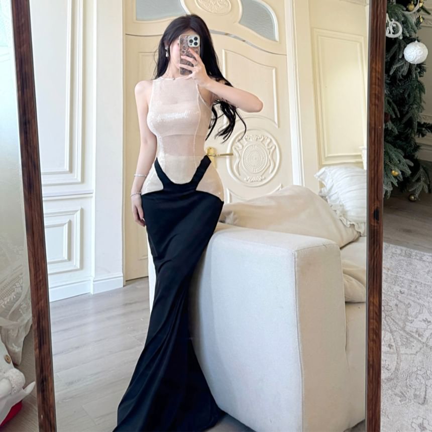 Sleeveless Crew Neck Sequin Sheer Panel Mermaid Evening Gown