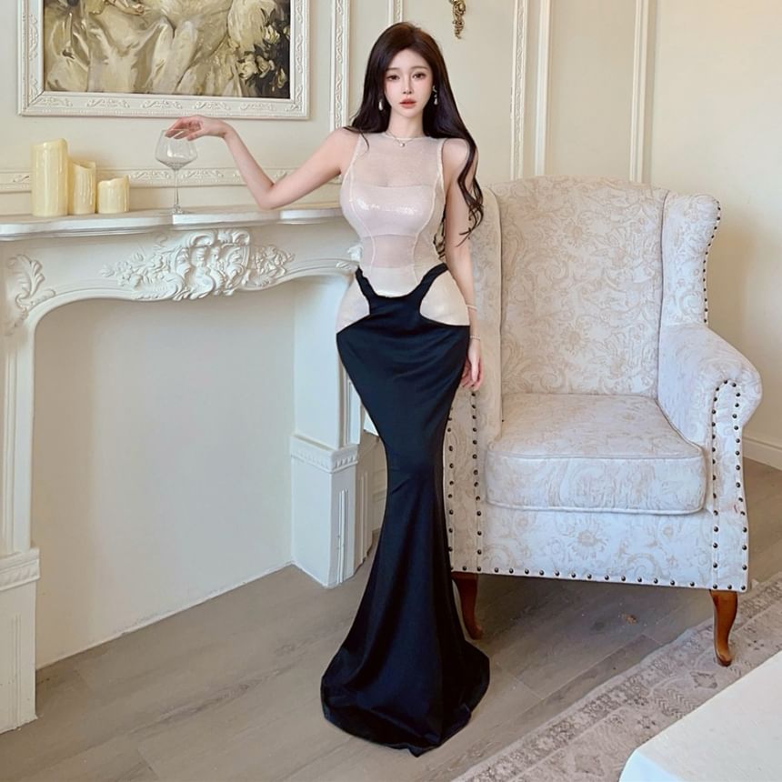 Sleeveless Crew Neck Sequin Sheer Panel Mermaid Evening Gown