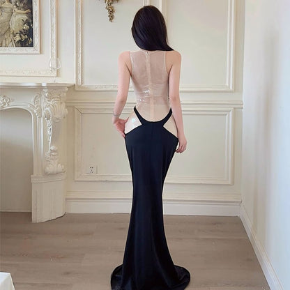 Sleeveless Crew Neck Sequin Sheer Panel Mermaid Evening Gown