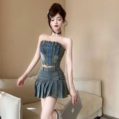 Studded Denim Crop Top and Pleated Mini Skirt Set
