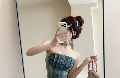 Studded Denim Crop Top and Pleated Mini Skirt Set
