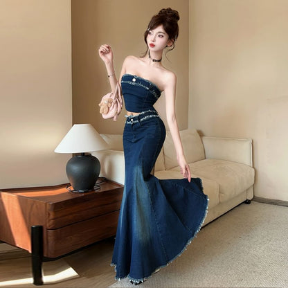 Denim Crop Top and Fishtail Maxi Skirt Set