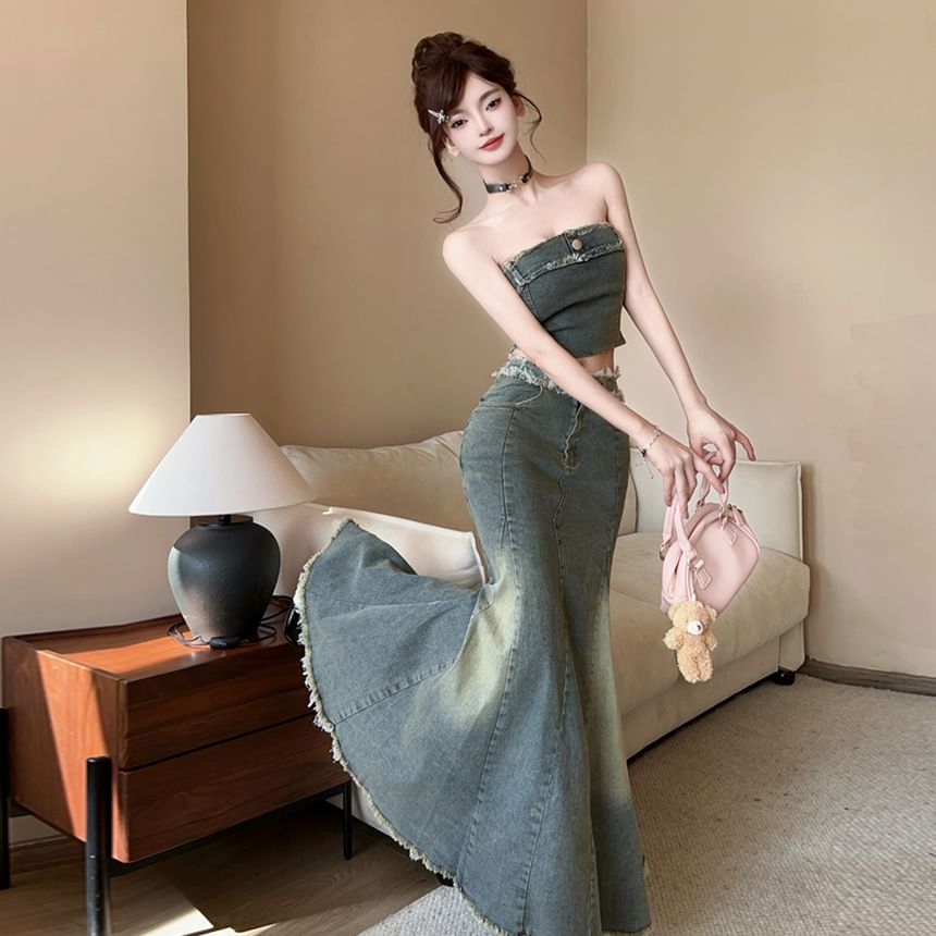 Denim Crop Top and Fishtail Maxi Skirt Set