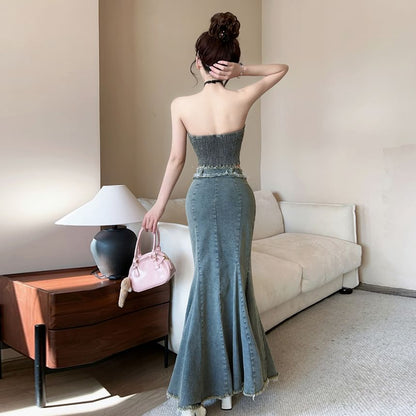Denim Crop Top and Fishtail Maxi Skirt Set