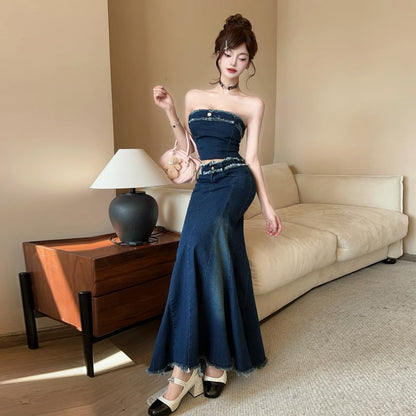 Denim Crop Top and Fishtail Maxi Skirt Set