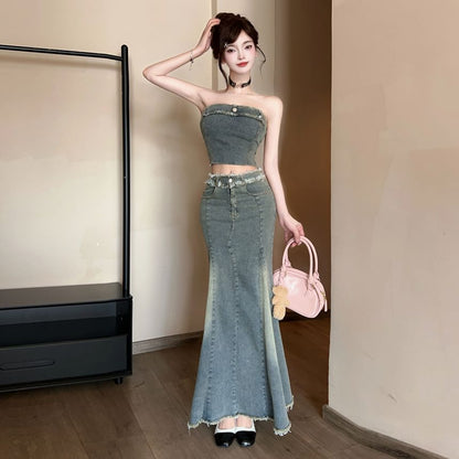 Denim Crop Top and Fishtail Maxi Skirt Set