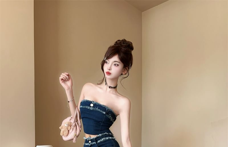 Denim Crop Top and Fishtail Maxi Skirt Set