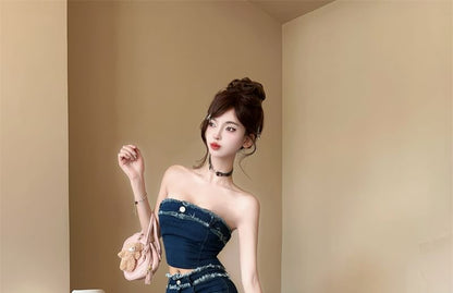 Denim Crop Top and Fishtail Maxi Skirt Set