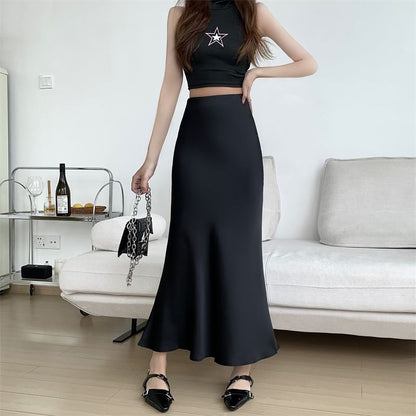 Satin Mermaid Skirt with High Waist and Midi Length