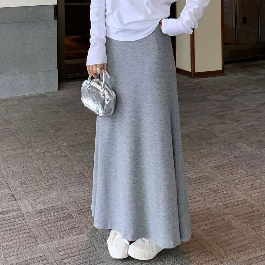 Long A-Line Skirt with High Rise and Plain Fabric