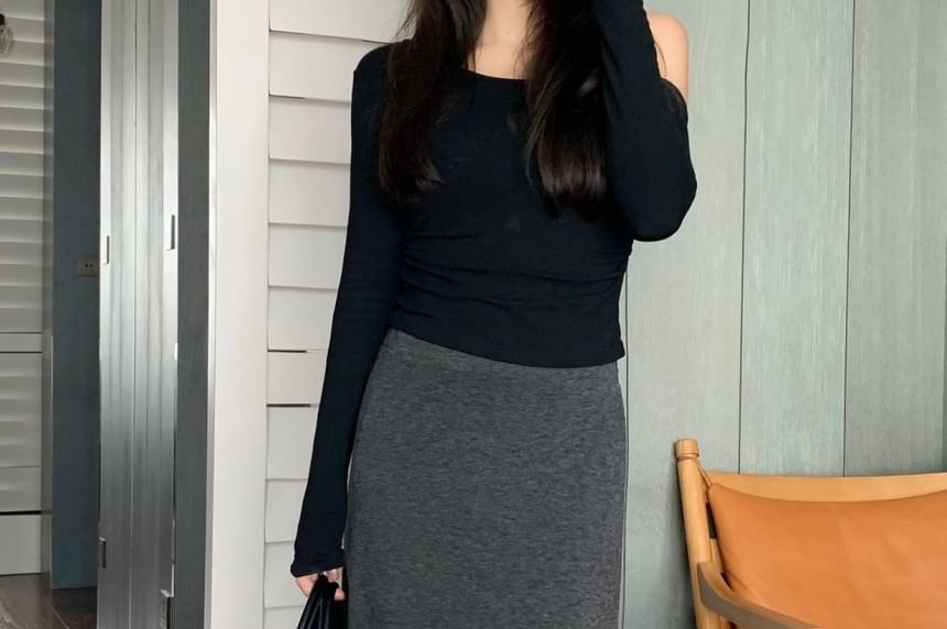 Long A-Line Skirt with High Rise and Plain Fabric