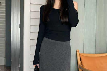 Long A-Line Skirt with High Rise and Plain Fabric