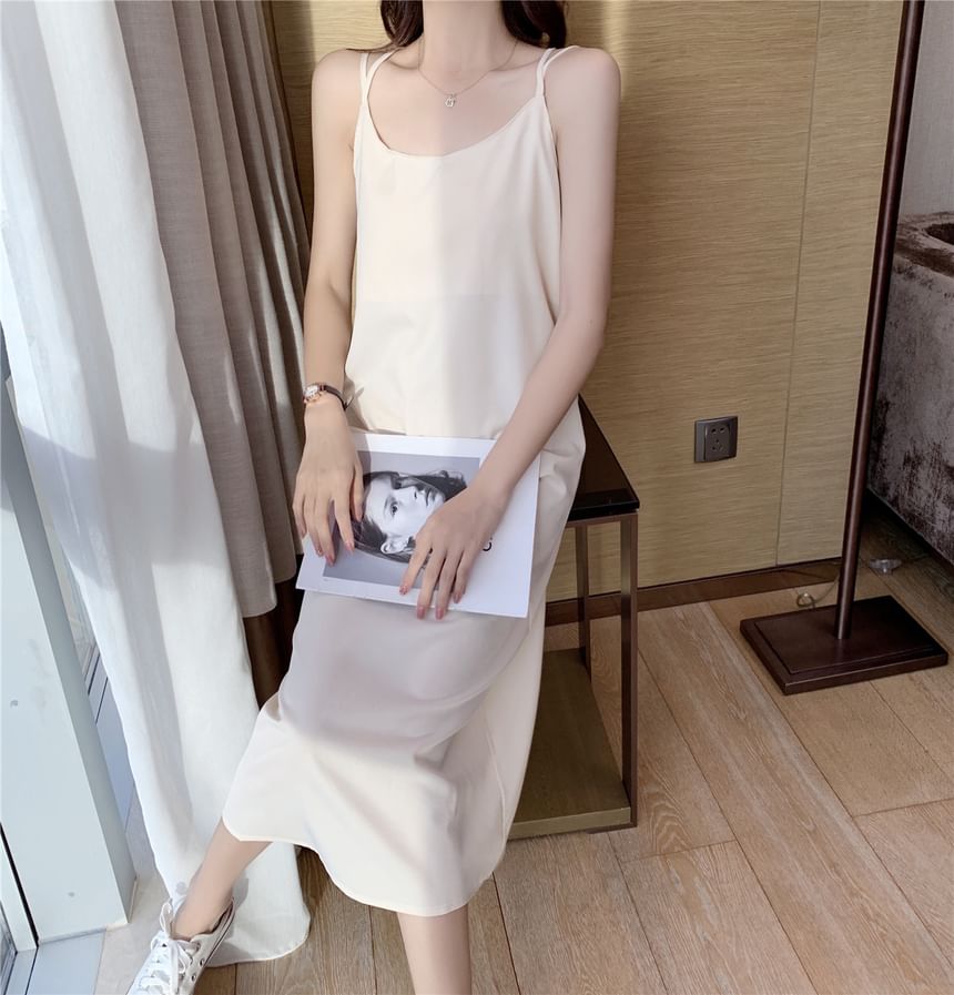 Spaghetti Strap Scoop Neck Plain Open Back Slit Midi Shift Dress