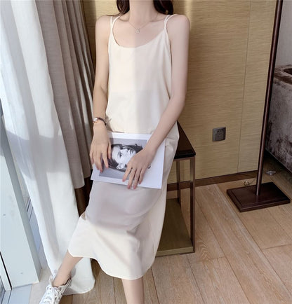 Spaghetti Strap Scoop Neck Plain Open Back Slit Midi Shift Dress