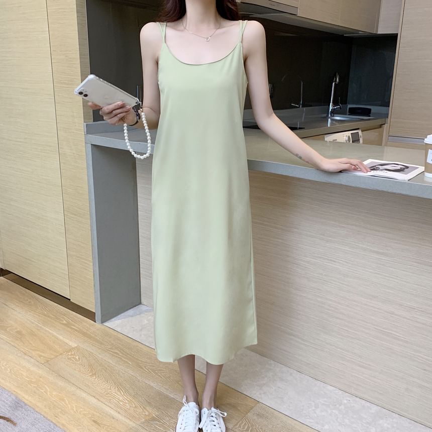 Spaghetti Strap Scoop Neck Plain Open Back Slit Midi Shift Dress
