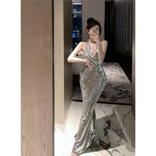 Halter Cowl Neck Sequin Open Back Mermaid Evening Dress