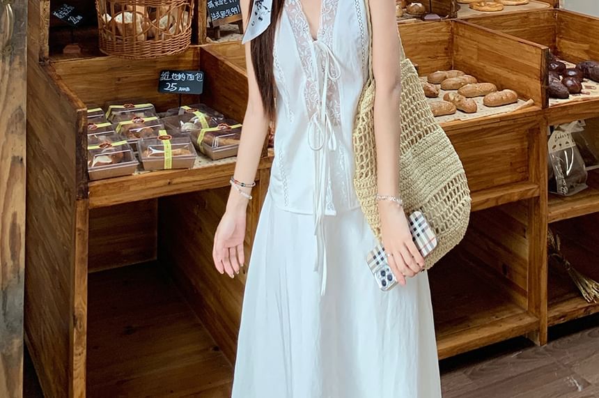 Lace Trim Top and Maxi Skirt Set with V-Neck