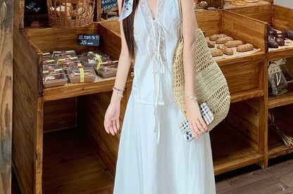 Lace Trim Top and Maxi Skirt Set with V-Neck