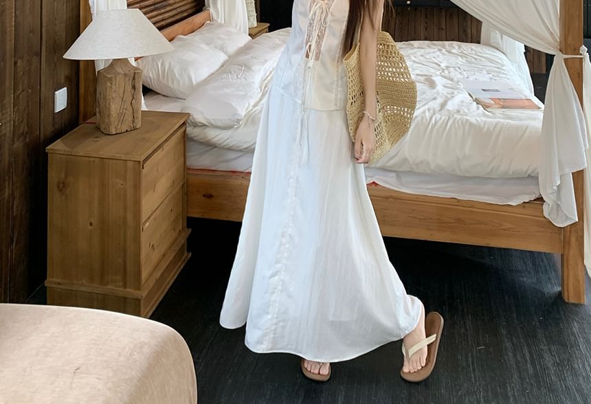 Lace Trim Top and Maxi Skirt Set with V-Neck