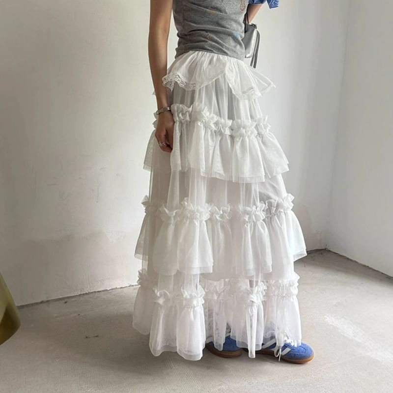 Tiered Mesh Maxi Skirt with Frill and Lace Trim