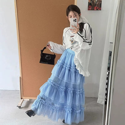 Tiered Mesh Maxi Skirt with Frill and Lace Trim