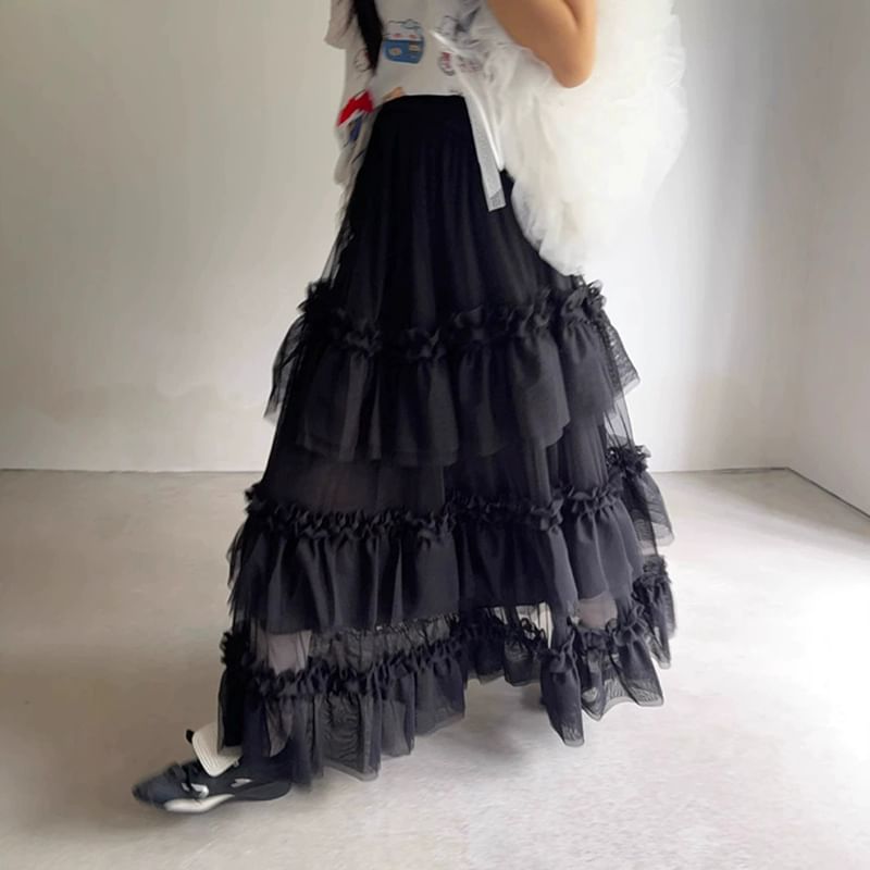 Tiered Mesh Maxi Skirt with Frill and Lace Trim