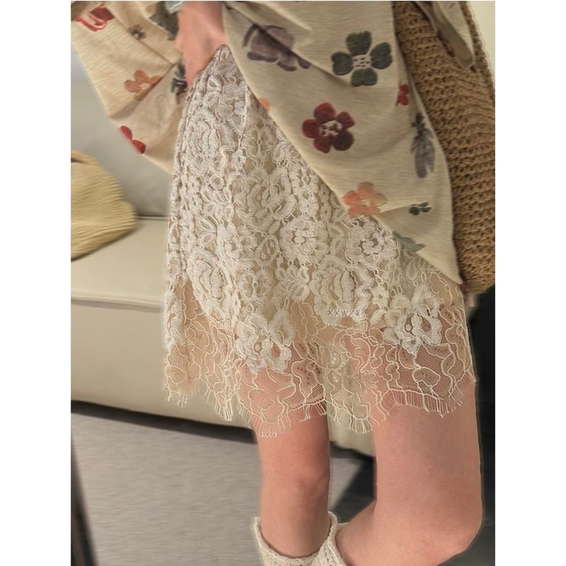 Fringed Lace Mini Skirt with High Rise