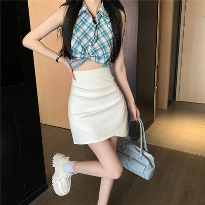 Ruched Mini A-Line Skirt with High Waistband