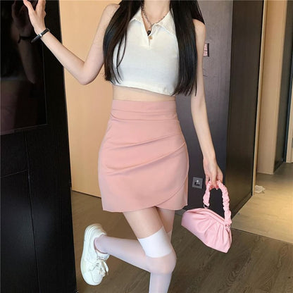 Ruched Mini A-Line Skirt with High Waistband