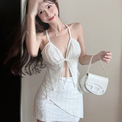 Halter V-Neck Solid Textured Tie Front Slit Crop Top & High-Rise Asymmetric Short Pencil Skirt