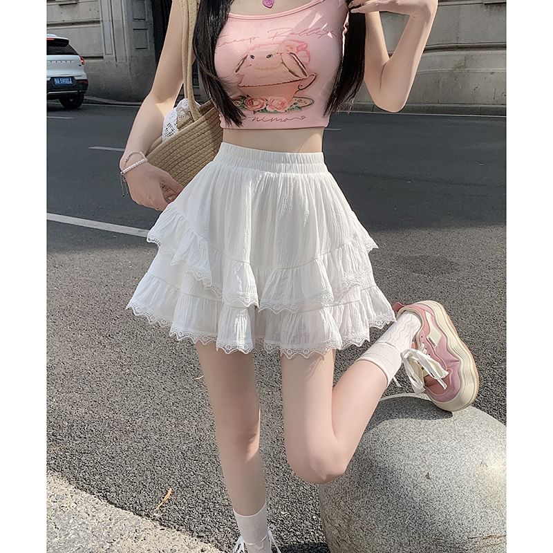 Tiered Lace Mini Skirt with High Rise
