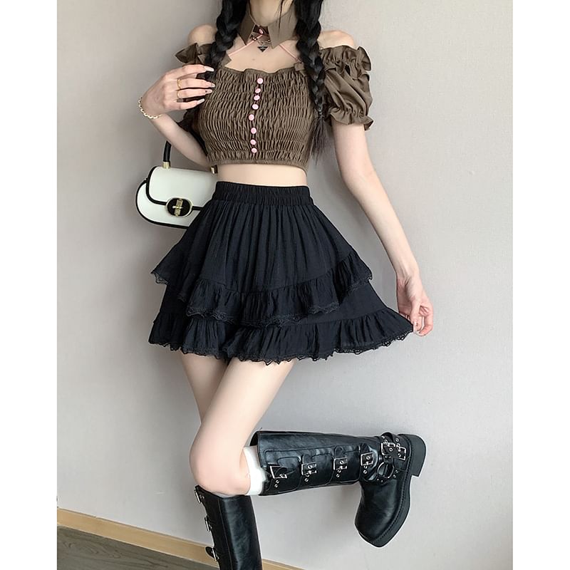 Tiered Lace Mini Skirt with High Rise