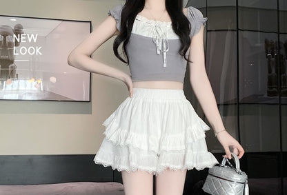 High-Waist Lace-Trimmed Mini Skirt