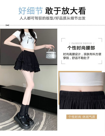 High-Waist Lace-Trimmed Mini Skirt