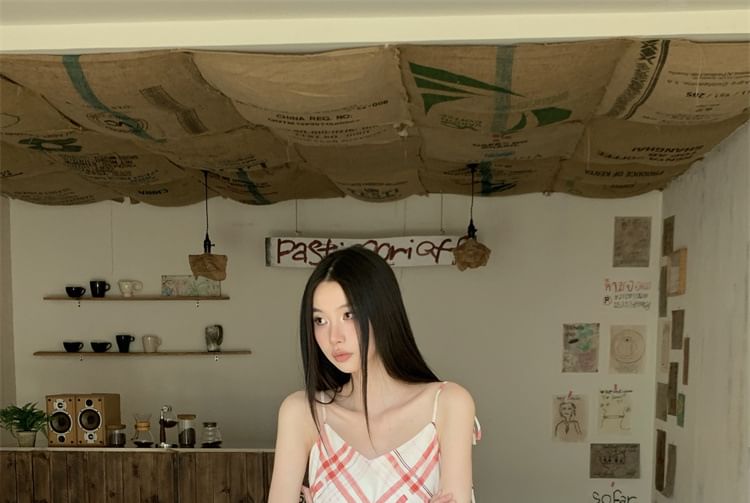 Spaghetti Strap V-Neck Plaid Midi A-Line Dress