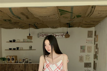 Spaghetti Strap V-Neck Plaid Midi A-Line Dress