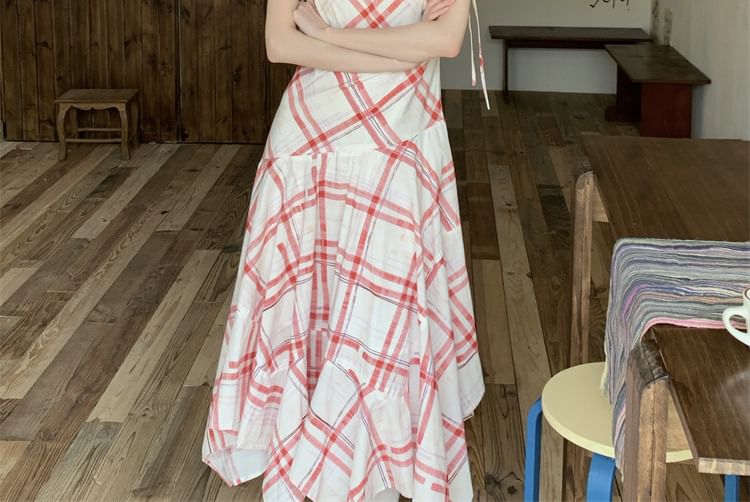 Spaghetti Strap V-Neck Plaid Midi A-Line Dress