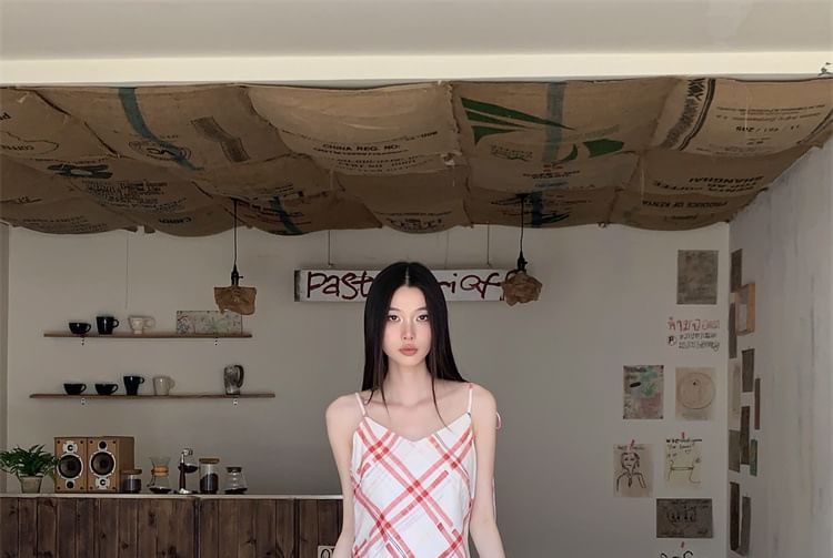 Spaghetti Strap V-Neck Plaid Midi A-Line Dress